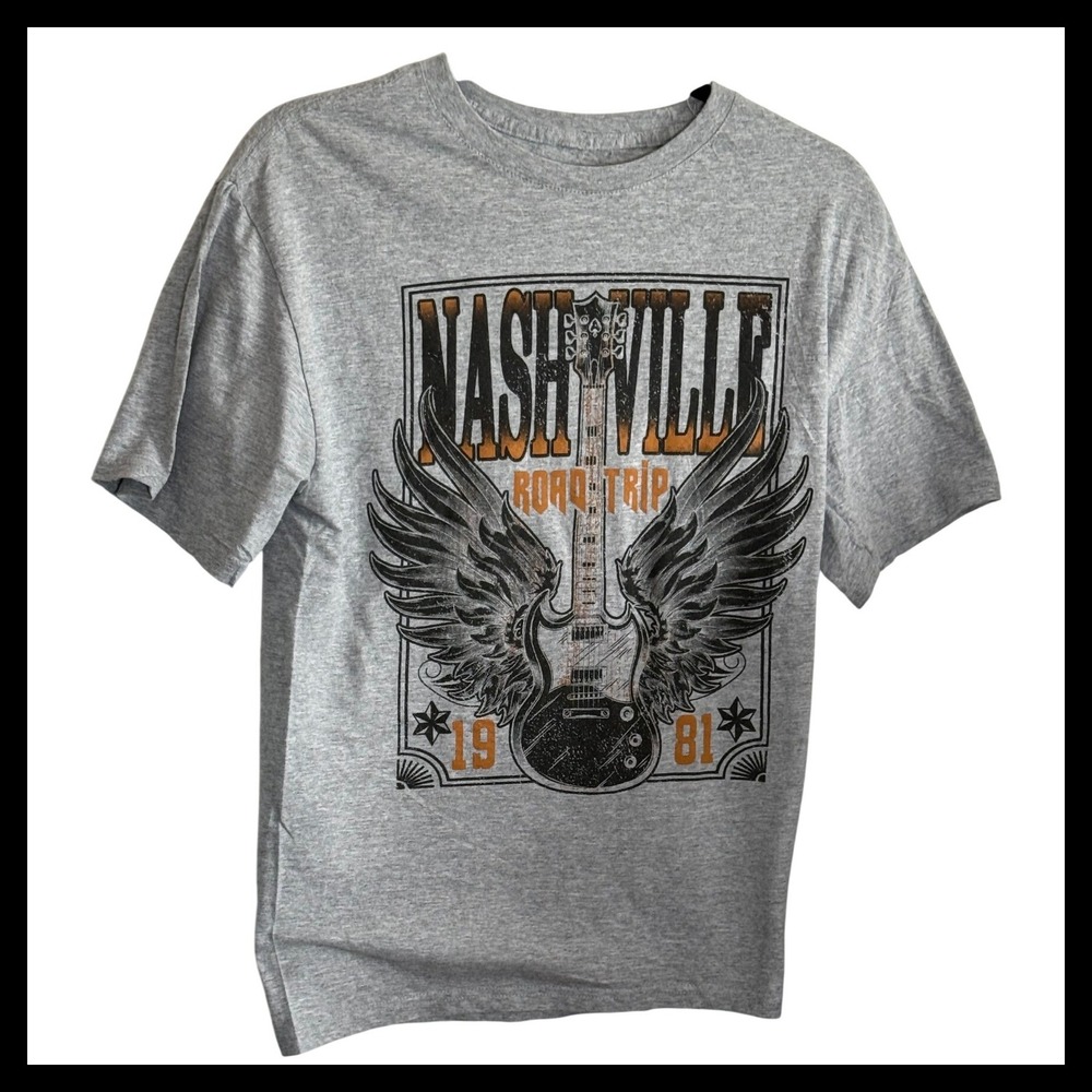 Rebellious One Nashville Road Trip 1981 Graphic Tee Grey Mens Med Winged Guitar